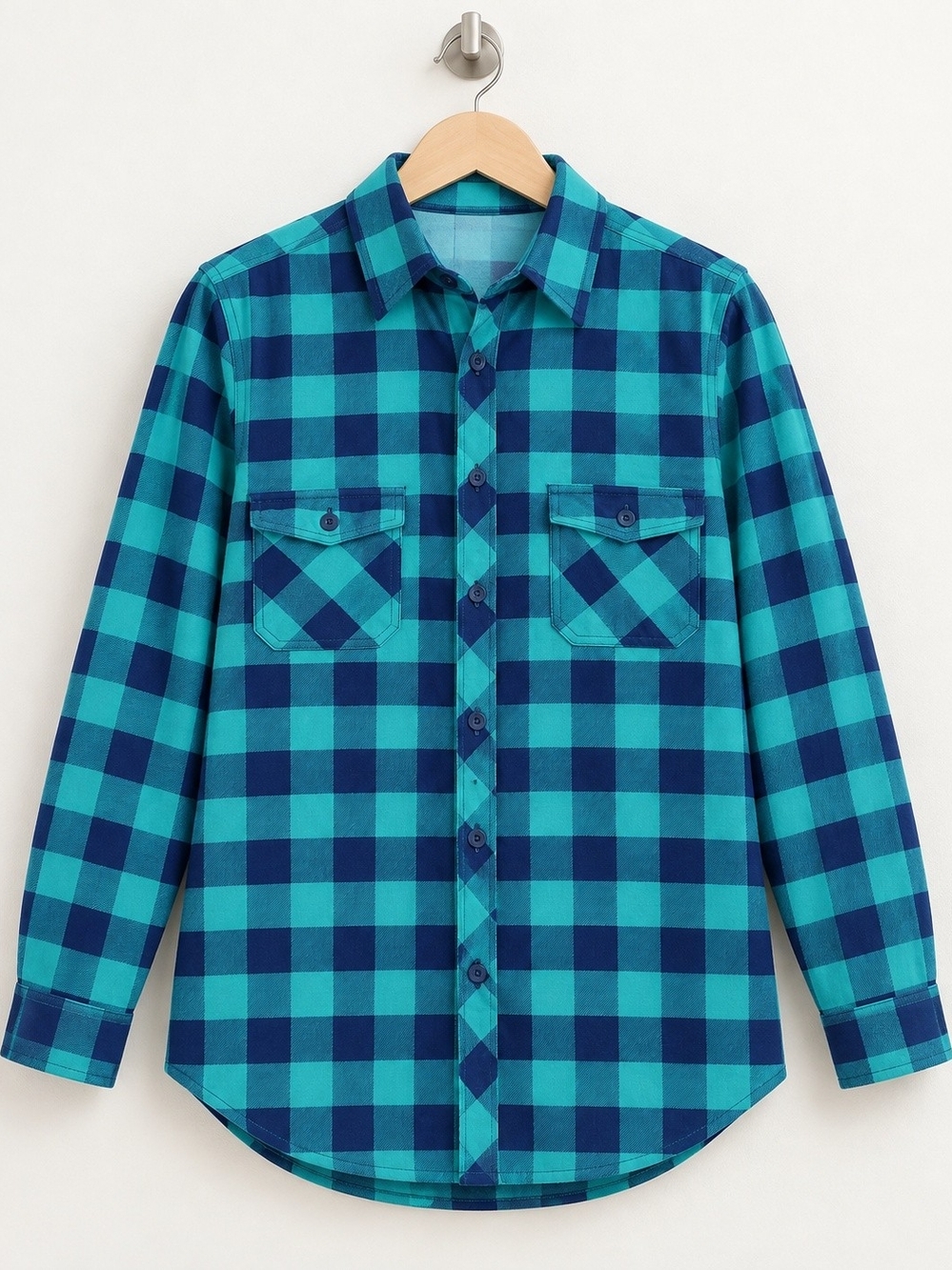 Passport Women's Teal and Navy Buffalo Check Button-Down Shirt